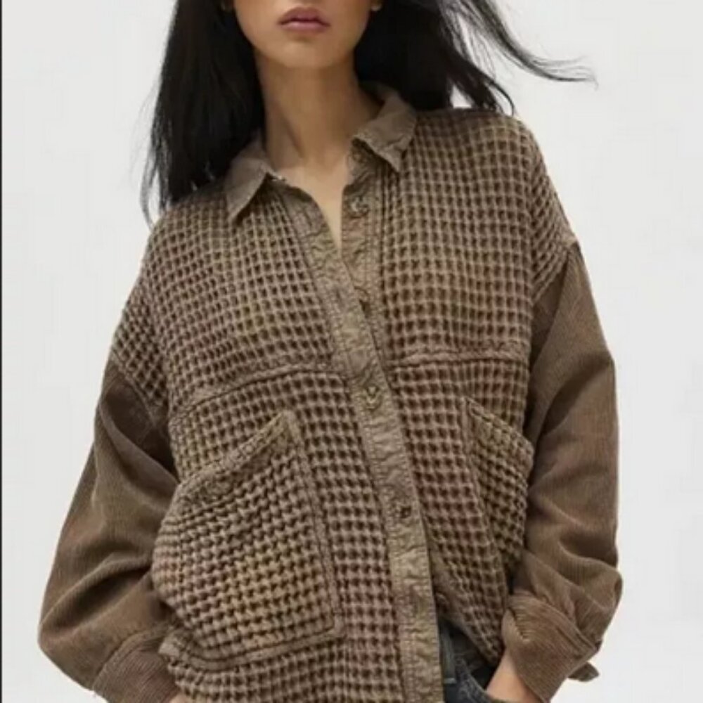 BDG Bryson Waffle Shirt Jacket Buttondown Pocket Olive New M